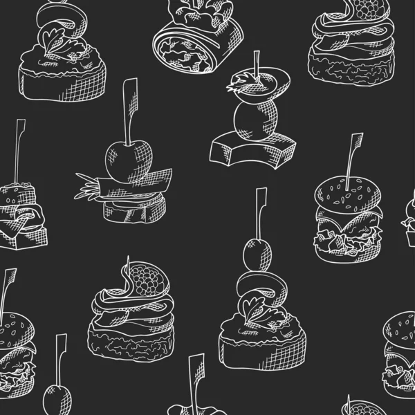 Modèle sans couture avec de la nourriture pour doigts. Style croquis arrière-plan répété. Bruschetta, sandwich, canapés et tapas. Illustration vectorielle — Image vectorielle