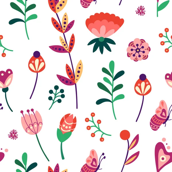 Patrón sin costura floral. Fondo de vacaciones con huevos, flores y hojas. Ilustración vectorial — Vector de stock