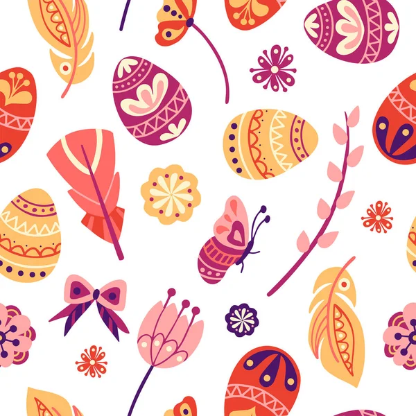 Цветочная пасха бесшовная картина. Праздничный фон с яйцами, цветами и листьями. Векторная иллюстрация — стоковый вектор