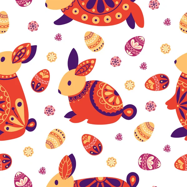 Easter seamless pattern. Holiday background with rabbit, eggs. Vector illustration — Stock Vector