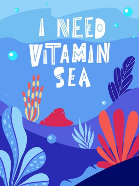 Deniz elementleriyle okyanus alıntısı. Poster ya da tebrik kartı. Seyahat tipografisi tasarımı. Vektör illüstrasyonu