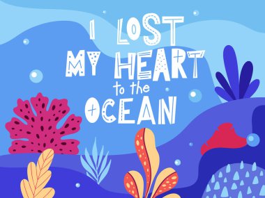 Deniz elementleriyle okyanus alıntısı. Poster ya da tebrik kartı. Seyahat tipografisi tasarımı. Vektör illüstrasyonu