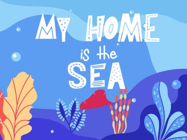 Deniz elementleriyle okyanus alıntısı. Poster ya da tebrik kartı. Seyahat tipografisi tasarımı. Vektör illüstrasyonu