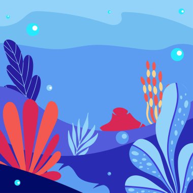 Metin için kopya alanı olan soyut deniz altı arkaplanı. Merine okyanus yaşamı. Denizaltı yaşamının vektör çizimi