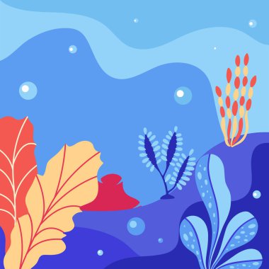 Metin için kopya alanı olan soyut deniz altı arkaplanı. Merine okyanus yaşamı. Denizaltı yaşamının vektör çizimi