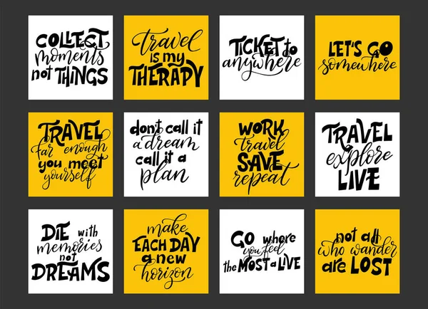 Conjunto de cartazes de tipografia motivacional. Design de citação de viagem. Slogan escrito letras aventura. Ilustração vetorial — Vetor de Stock