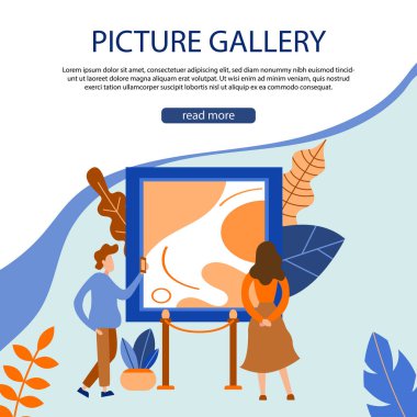 Müze sergisi. Modern sanat eserleri olan bir sanat galerisi. Modaya uygun düz pankart, poster. Vektör illüstrasyonu