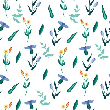 Yaban çiçekleri ve yapraklarla kusursuz bir desen. Düz, güzel bir arka plan. Moda baskısı. Vektör stok illüstrasyonu