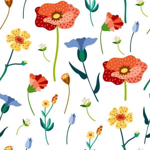 Płynny wzór z dzikimi kwiatami i liśćmi. Piękne tło. Druk mody. Ilustracja wektora — Wektor stockowy