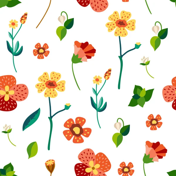 Płynny wzór z dzikimi kwiatami i liśćmi. Piękne tło. Druk mody. Ilustracja wektora — Wektor stockowy
