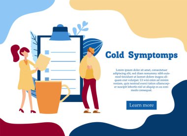 Hastalıksız ve grip hastasıyla web sitesine giriş sayfası. Düz stil içinde küçük insanlarla kavramı. Erkek ve Kadın Karakterler kendilerini kötü hissediyorlar. Vektör illüstrasyonu