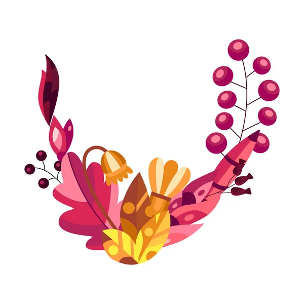 Mooie elegante herfstkrans decor. Natuurlijke kleur op bladeren, bessen, champignons. Decoratie voor wenskaart, banner, uitnodiging. Platte vectorillustratie — Stockvector