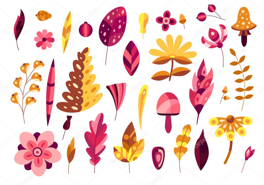 Set of autumn leaves, berries and mushrooms. Colorful flat elements isolated on white background. Vector illustration