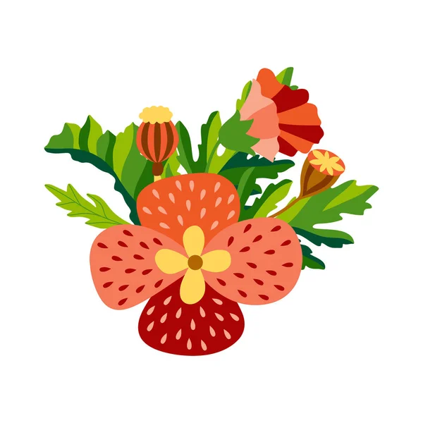 Ramo floral salvaje de amapolas y acianos con hojas verdes en estilo plano decorativo. Hierbas naturales botánicas aisladas sobre fondo blanco. Ilustración vectorial — Archivo Imágenes Vectoriales