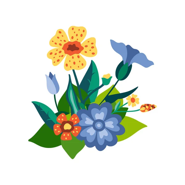 Ramo floral salvaje de amapolas y acianos con hojas verdes en estilo plano decorativo. Hierbas naturales botánicas aisladas sobre fondo blanco. Ilustración vectorial — Archivo Imágenes Vectoriales