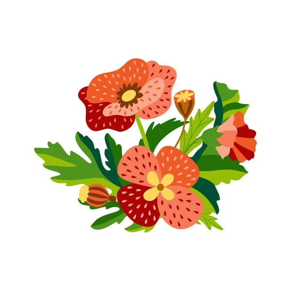 Ramo floral salvaje de amapolas y acianos con hojas verdes en estilo plano decorativo. Hierbas naturales botánicas aisladas sobre fondo blanco. Ilustración vectorial — Archivo Imágenes Vectoriales