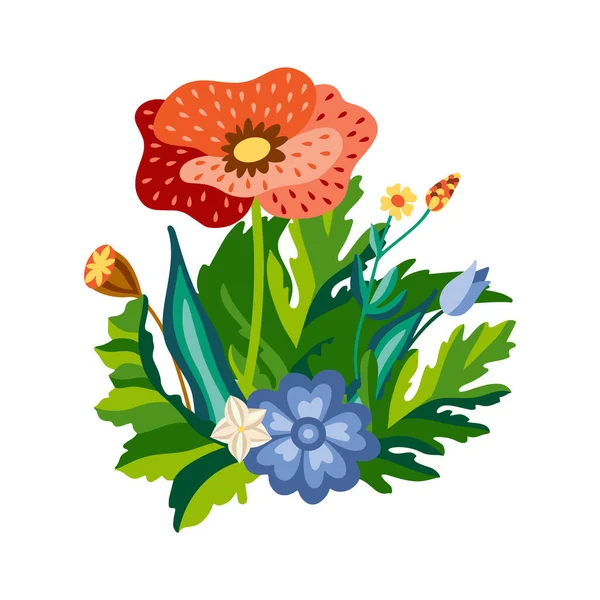 Ramo floral salvaje de amapolas y acianos con hojas verdes en estilo plano decorativo. Hierbas naturales botánicas aisladas sobre fondo blanco. Ilustración vectorial — Archivo Imágenes Vectoriales