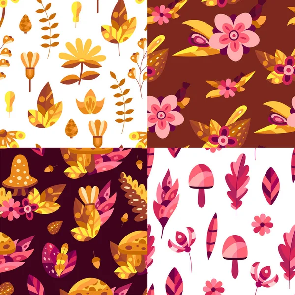 Set of Nature zökkenőmentes minták őszi virágok és levelek narancssárga és rózsaszín színekben. Dekoratív elemek lapos stílusban tapéta, kártya, textil és így tovább. Vektorillusztráció — Stock Vector