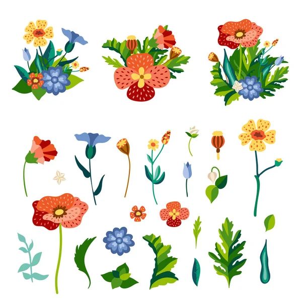 Uppsättning vilda blommor i platt stiliserad stil. Färgglad borttagen teckning av ängsörter. Botaniska vilda blommor och blad isolerade på bakgrunden. Illustration för vektorhandritning — Stock vektor