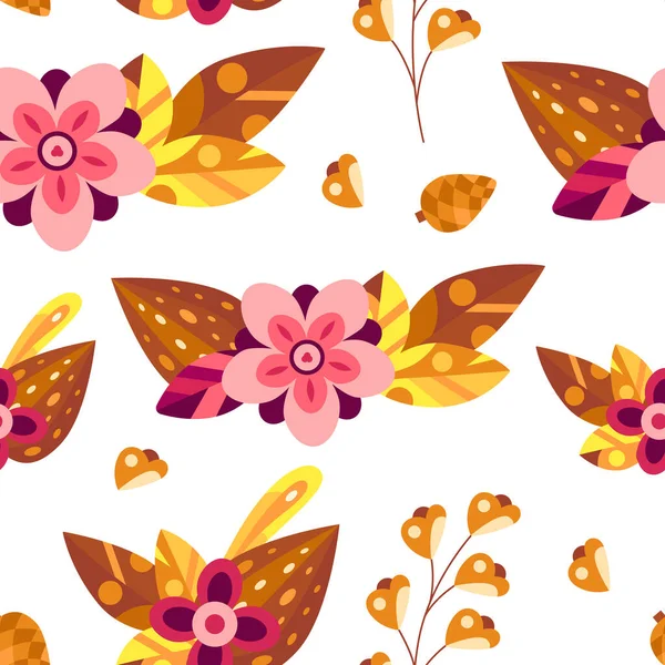 Jesienny bezszwowy wzór z kwiatami i liśćmi w dekoracyjnym płaskim stylu. Tło tekstylne, tapety, papier upominkowy. Wektor sezon ilustracja na białym — Wektor stockowy