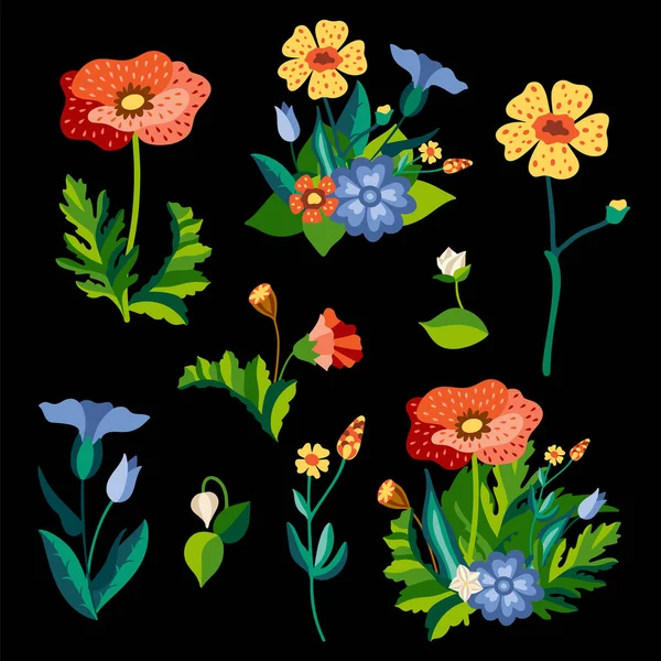 Conjunto de flores silvestres en estilo plano estilizado. Dibujo detallado colorido de hierbas del prado. Flores silvestres botánicas y hojas aisladas sobre fondo. Ilustración de dibujo manual vectorial — Vector de stock