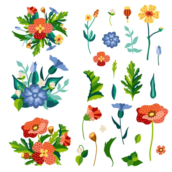 Conjunto de flores silvestres en estilo plano estilizado. Dibujo detallado colorido de hierbas del prado. Flores silvestres botánicas y hojas aisladas sobre fondo. Ilustración de dibujo manual vectorial — Archivo Imágenes Vectoriales