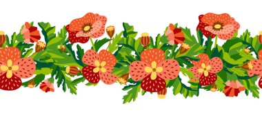 Gorizontal yabani çiçek düz bir şekilde sınırda. Çayır otları beyaz arka planda izole edilmiş. Dekoratif botanik vektör çizimi