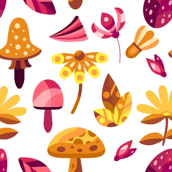 Autumn seamless pattern with flowers, mushrooms and leaves in decorative flat style. Background for textile, wallpapers, gift paper. Vector season illustration on white — Stock Vector