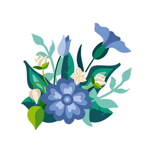 Ramo floral salvaje de amapolas y acianos con hojas verdes en estilo plano decorativo. Hierbas naturales botánicas aisladas sobre fondo blanco. Ilustración vectorial — Archivo Imágenes Vectoriales