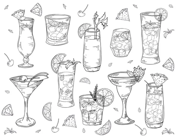 Cocktails handgezeichnet im Skizzenstil. Alkoholische Getränke in verschiedenen Glas isoliert auf weißem Hintergrund. Getränkelemente für Bar-Menü oder Poster. Vektorillustration — Stockvektor