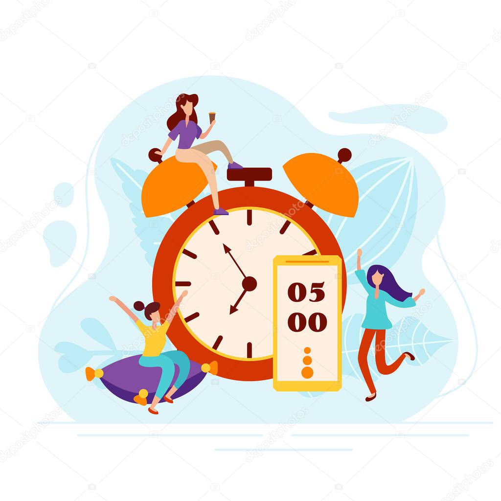 Daily morning man rise under the alarm clock on the phone. Charging on the pillow and cheerful mood characters in flat style. Vector illustration
