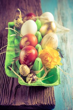 Kutu Paskalya yumurta. Dekorasyonu ile renkli Paskalya yumurtaları.