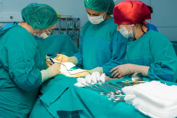 Bakú, Azerbaiyán- Mayo 2016. Equipo quirúrgico operando, cesárea. Ginecólogos y parteras dando a luz. Sala de maternidad. Bebé en el hospital de maternidad — Foto de Stock
