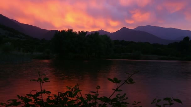 Σταγόνες της βροχής στην επιφάνεια κατά το ηλιοβασίλεμα στη λίμνη — Αρχείο Βίντεο