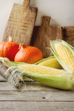 Olgun sarı mısır ve bir kabak havuç çul üzerinde renkli. Woo