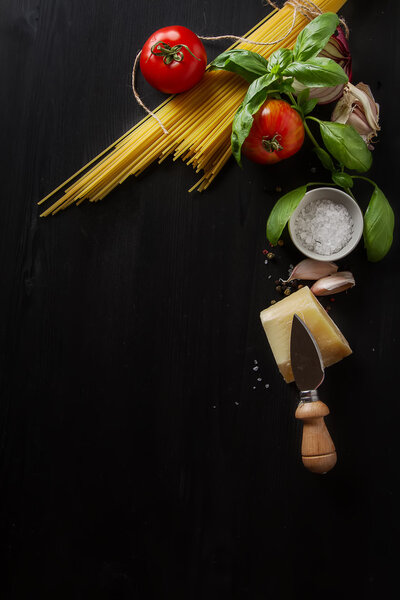 Ingredients for cooking pasta Bolognese. Spaghetti, Parmesan che