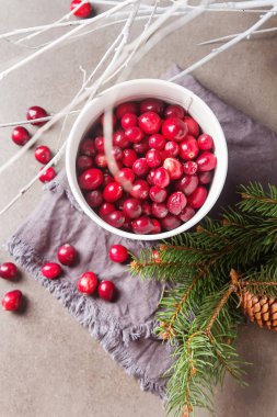 Karanlık bir arka plan üzerinde kırmızı meyveler. Kızılcık beyaz bir kova 