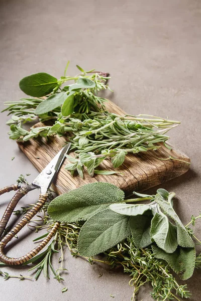 La mezcla de las hierbas frescas italianas del jardín sobre la mesa vieja. Rosemary —  Fotos de Stock