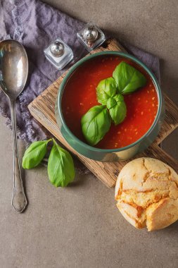 Geleneksel İtalyan domates çorbası gaspaço fesleğen ile. Karanlık backgr