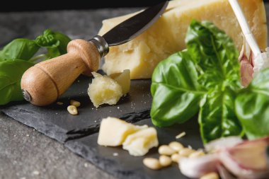 Bıçak taze yeşil fesleğen, zeytin yağı ile İtalyan parmesan peyniri,