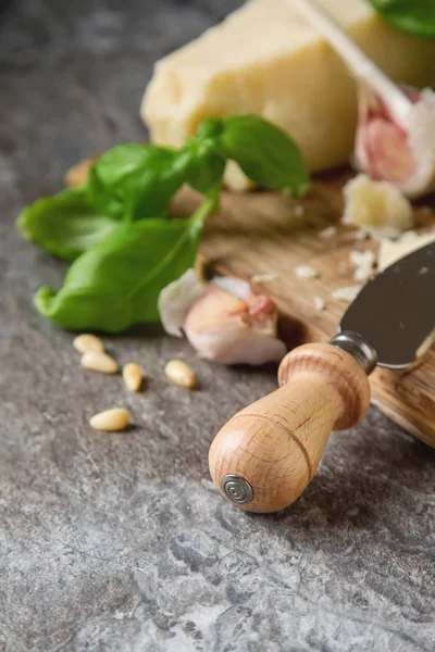 Ιταλική παρμεζάνα με μαχαίρι πράσινο βασιλικό φρέσκο ελαιόλαδο λάδι, — Φωτογραφία Αρχείου