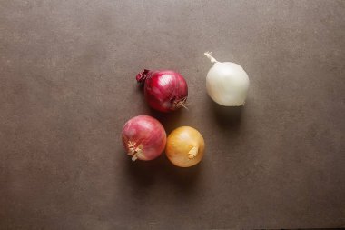 Soğan farklı çeşitleri ve renkler. Koyu gri arka plan.