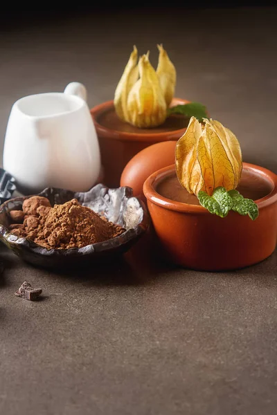 Mousse de chocolate con bayas en un tazón de cerámica. Respaldo gris oscuro —  Fotos de Stock