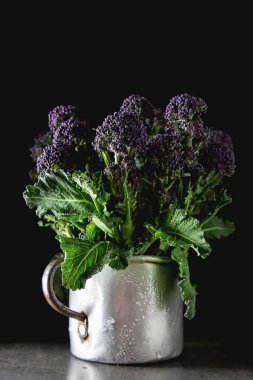 Taze mor brokoli bir kupa. Vegan gıda. Koyu arka plan.