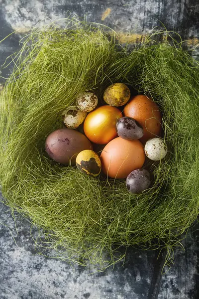 Multi-colored Easter egg. Golden eggs. Dark background. Spring h