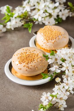 Moda mousse kek sprin ile dekore edilmiş bir ayna sır ile