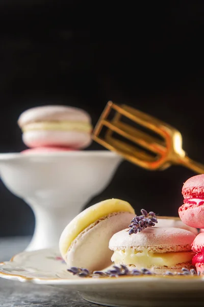 Traditional French sweets. Assorted pink, white macaroon with dr