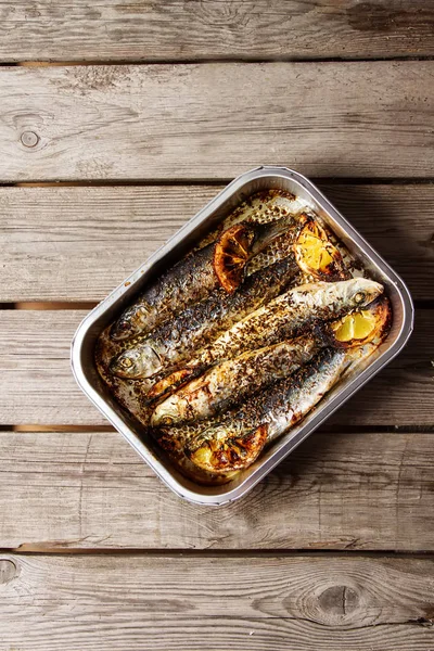 Cornish sardines. For grill and BBG. Dark background. — Stock Photo, Image