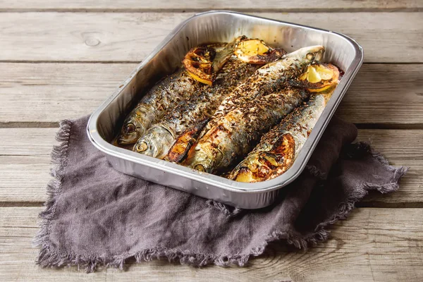 Cornish sardines. For grill and BBG. Dark background. — Stock Photo, Image