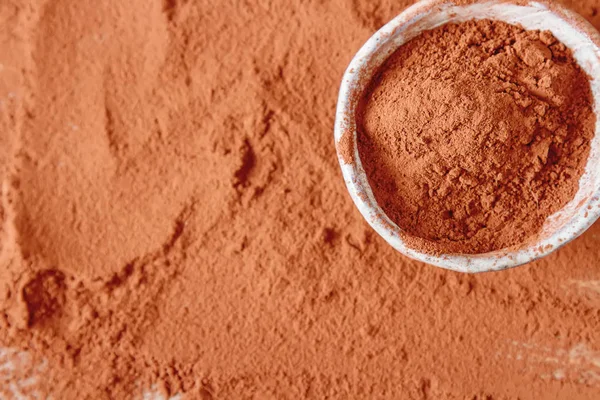 Pudră naturală de cacao într-un castron de lut pentru ciocolată și coacere. Co Co — Fotografie, imagine de stoc